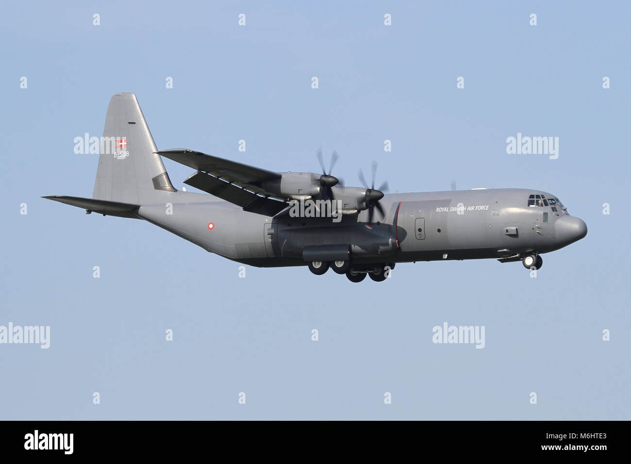 Royal Danish Air Force C-130J Hercules on approach in RAF Mildenhall during a joint exercise. Stock Photo