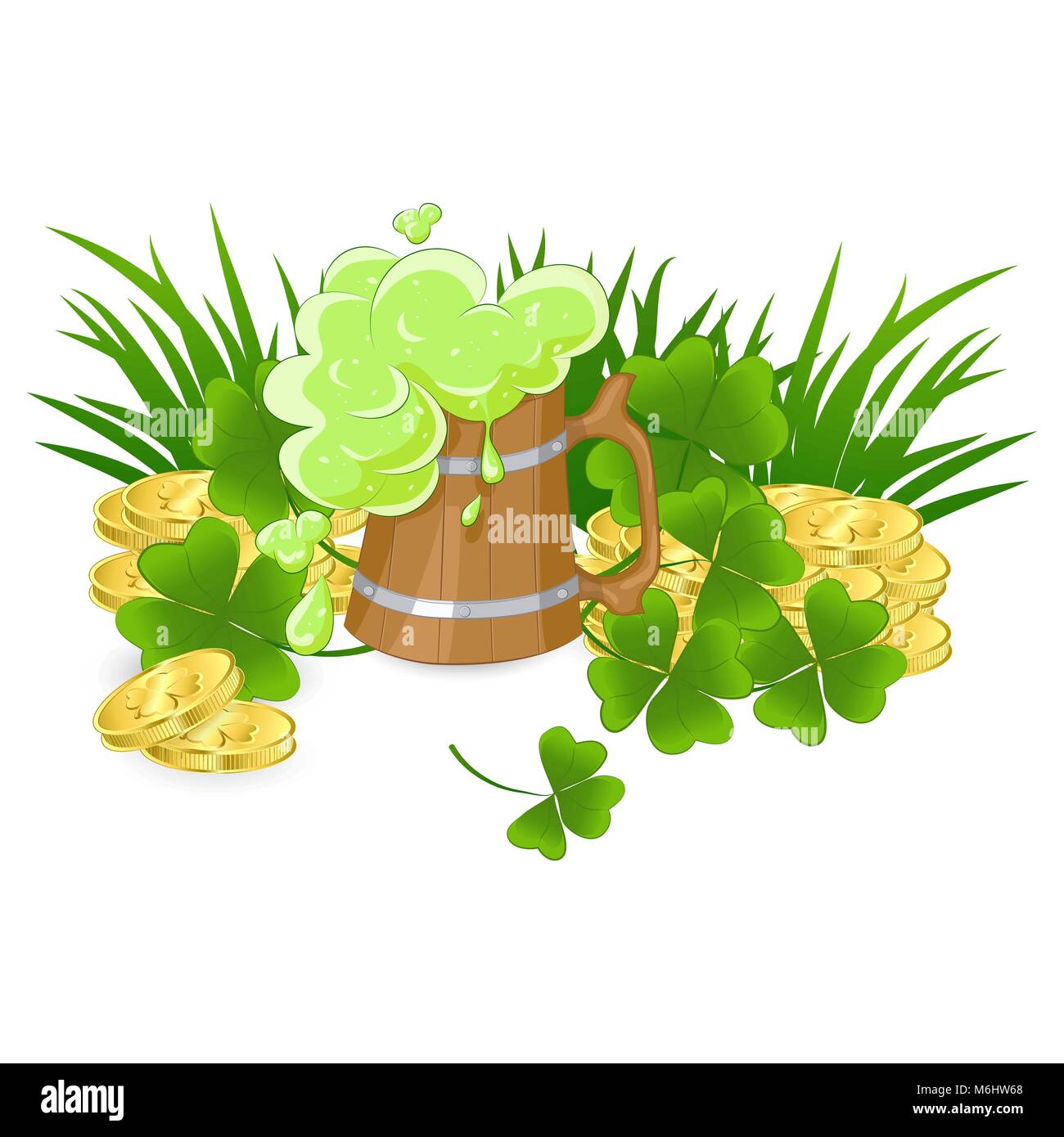 wooden mug of green beer with gold coins and clover leaves for St. Patrick's Day Stock Vector