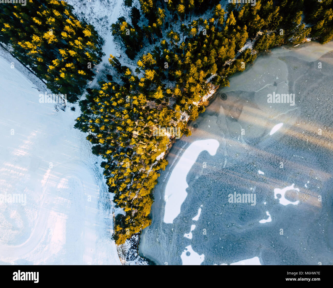 Aerial Photography of a Bright Forest in Sunny Winter Day with a Frozen ...