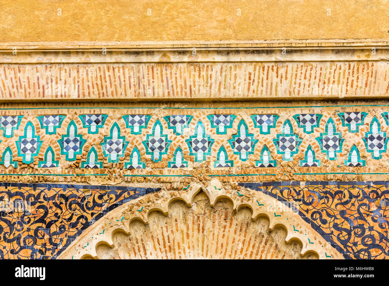 close-up detail of intricate tiling on a typical ornate building in Fez, Morocco Stock Photo