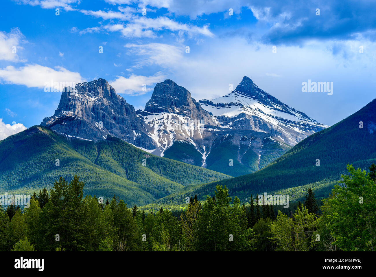 The Three Sisters, mountain peaks, Canmore, Alberta, Canada Stock Photo