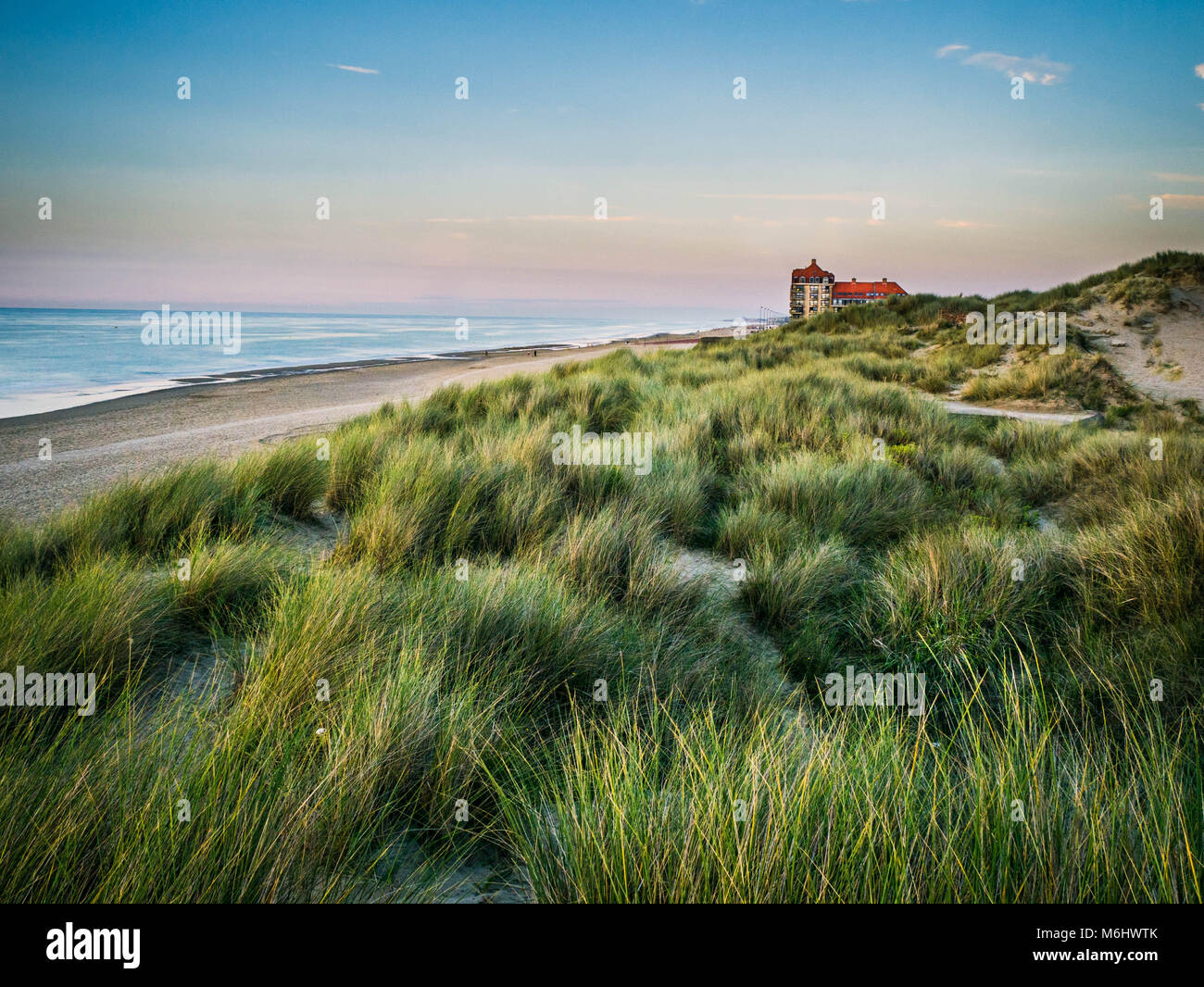 View from the dunes towards the beachfront buildings in Bray-Dunes in northern France Stock Photo