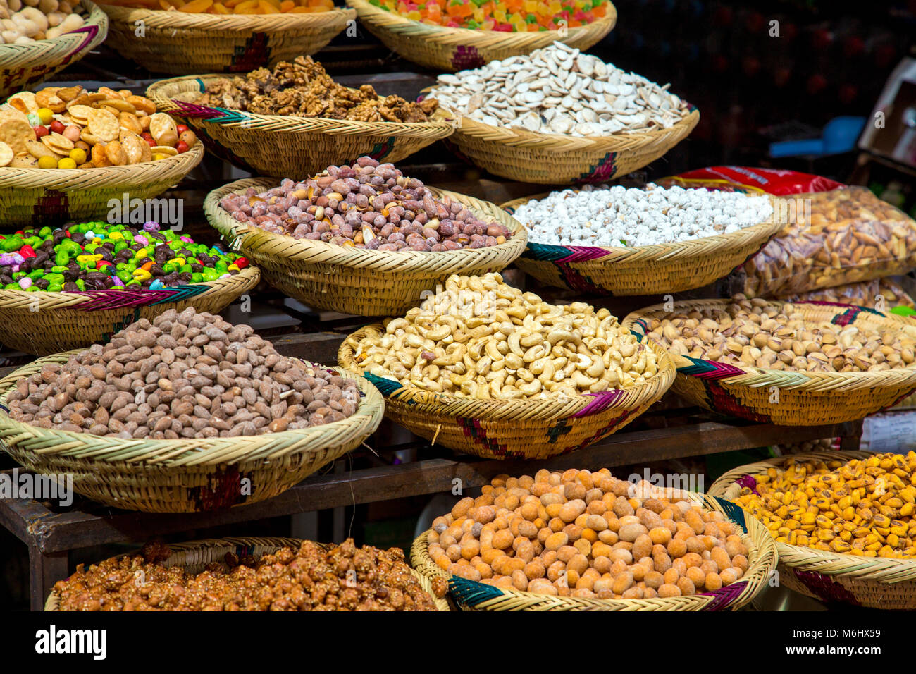 Market stall selling nuts in the small village of Imlil in the Atlas Mountains in Morocco Stock Photo