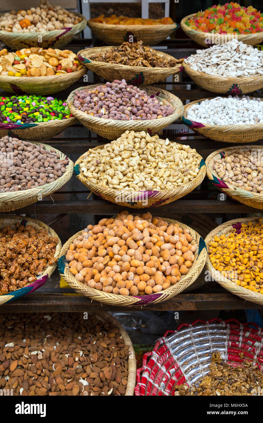 Market stall selling nuts in the small village of Imlil in the Atlas Mountains in Morocco Stock Photo