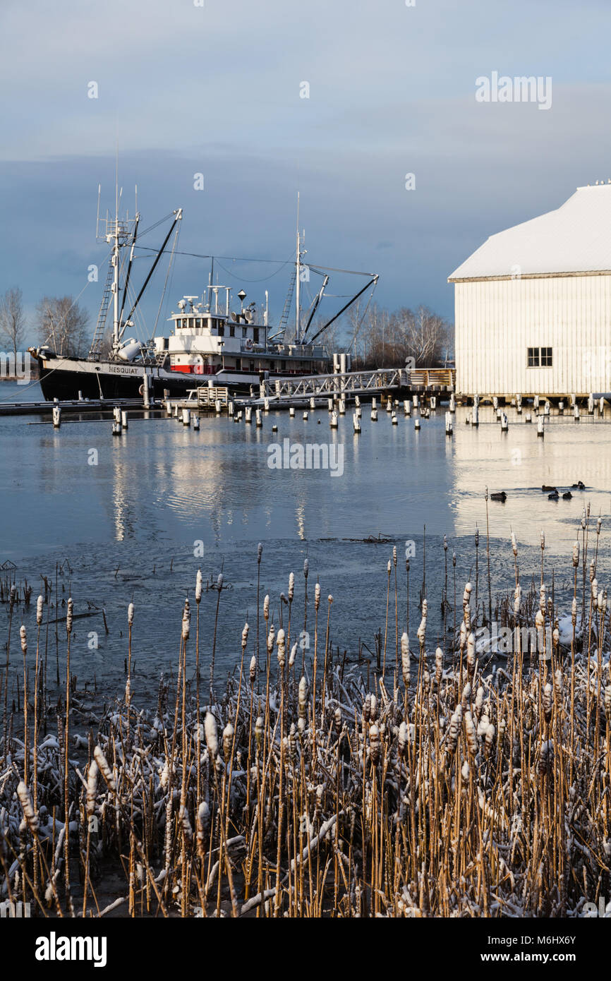 Heritage net loft building on the banks of the Fraser River in