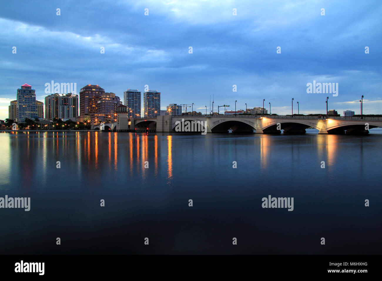 The city of West Palm Beach, as viewed here from the shores of Palm Beach, is one of the three major cities on South Florida's Atlantic Coast Stock Photo
