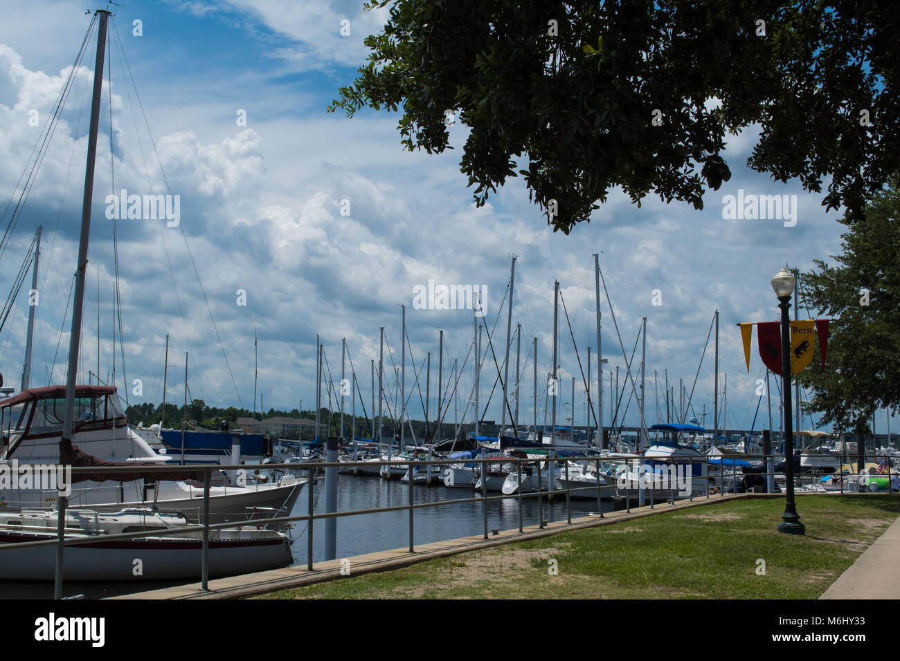 Boats in the Harbour under a beautiful blue sky filled with white