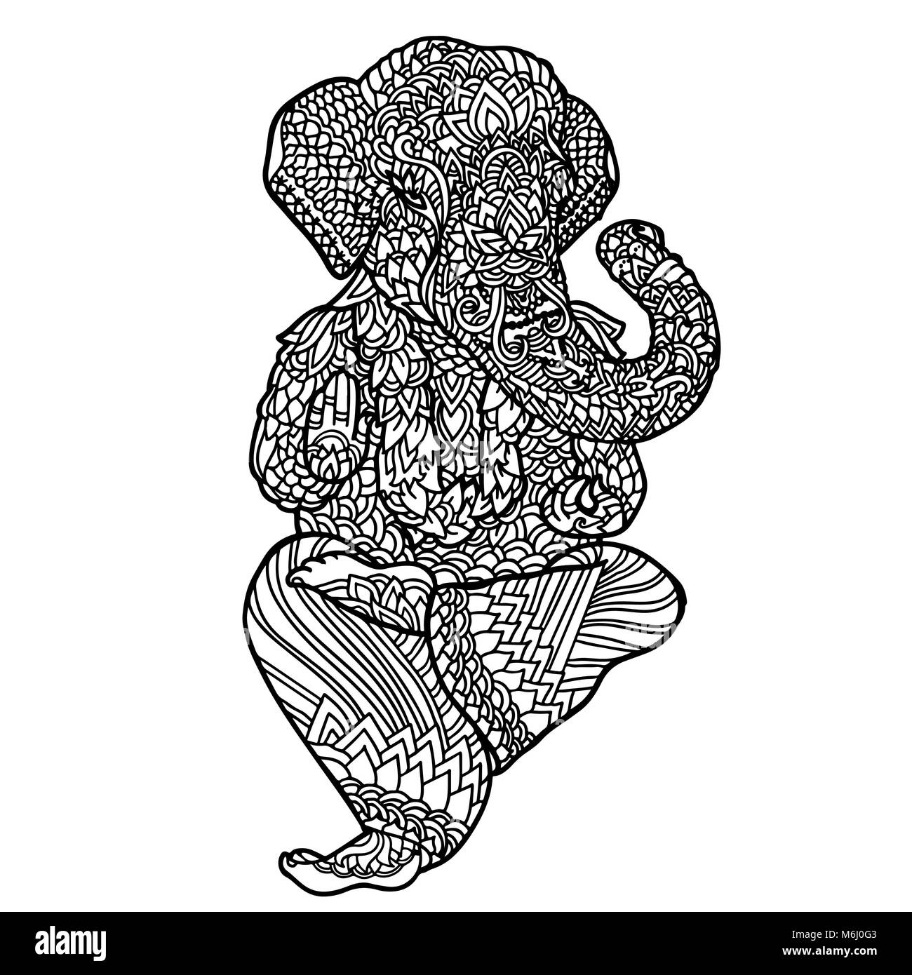 Lord Ganesha on indian mandala style. Asian pattern with leaves and flowers. Yoga style print. Black and white vector illustration. Stock Vector
