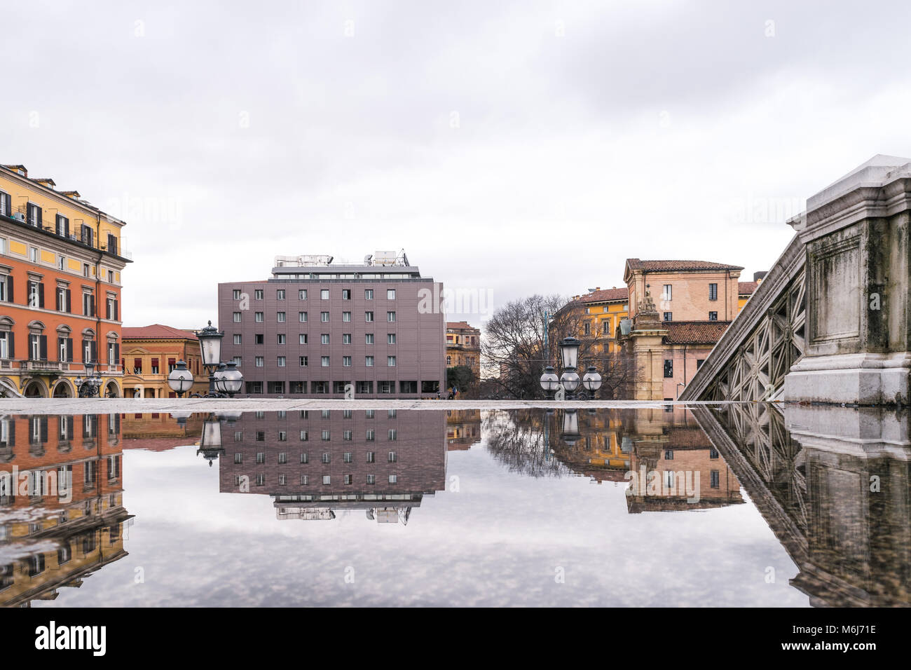 Beautiful architectural reflection in water in Bologna, Italy. Stock Photo