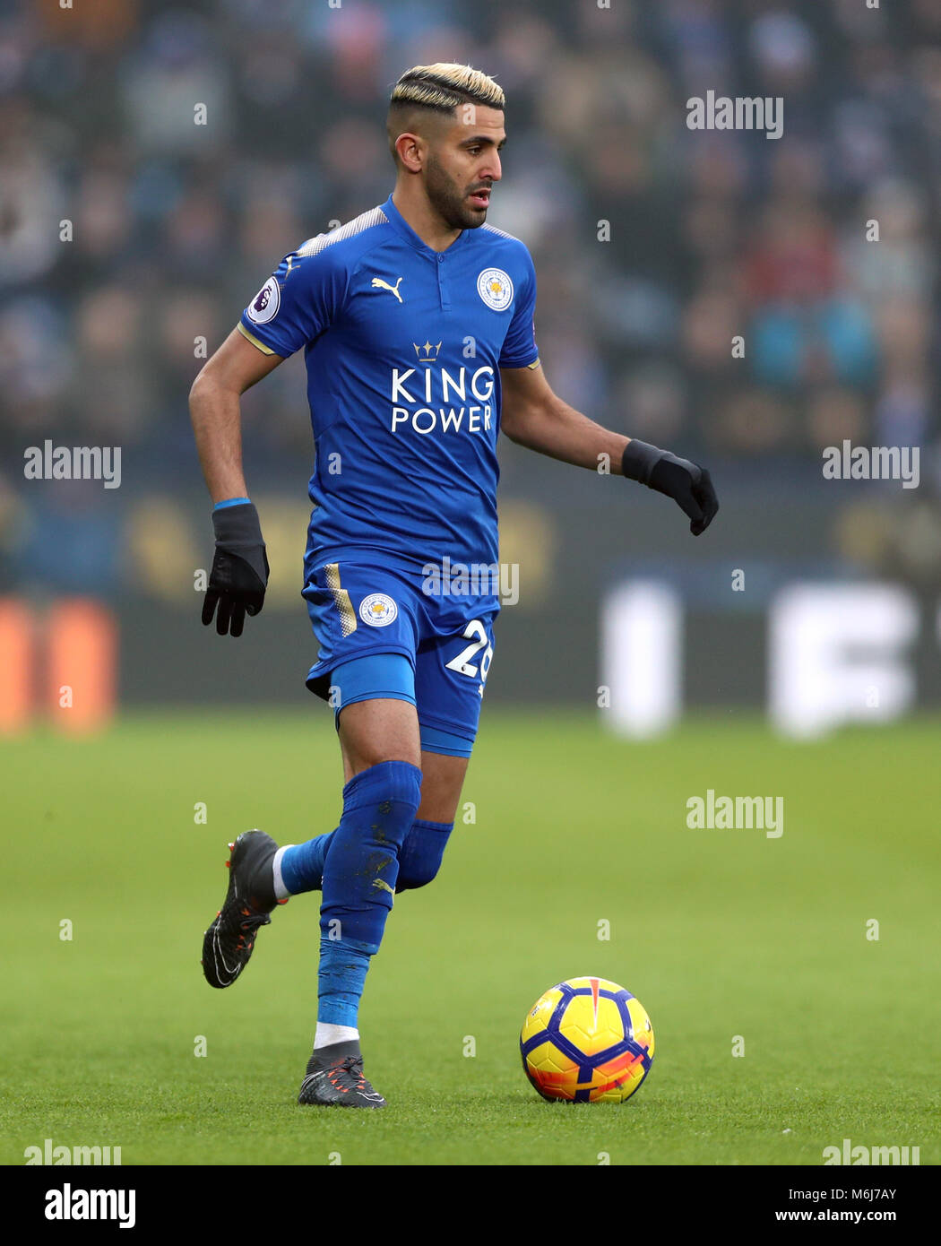 Leicester City's Riyad Mahrez during the Premier League match at the King Power Stadium, Leicester. PRESS ASSOCIATION Photo. Picture date: Saturday March 3, 2018. See PA story SOCCER Leicester. Photo credit should read: Tim Goode/PA Wire. RESTRICTIONS: No use with unauthorised audio, video, data, fixture lists, club/league logos or 'live' services. Online in-match use limited to 75 images, no video emulation. No use in betting, games or single club/league/player publications. Stock Photo