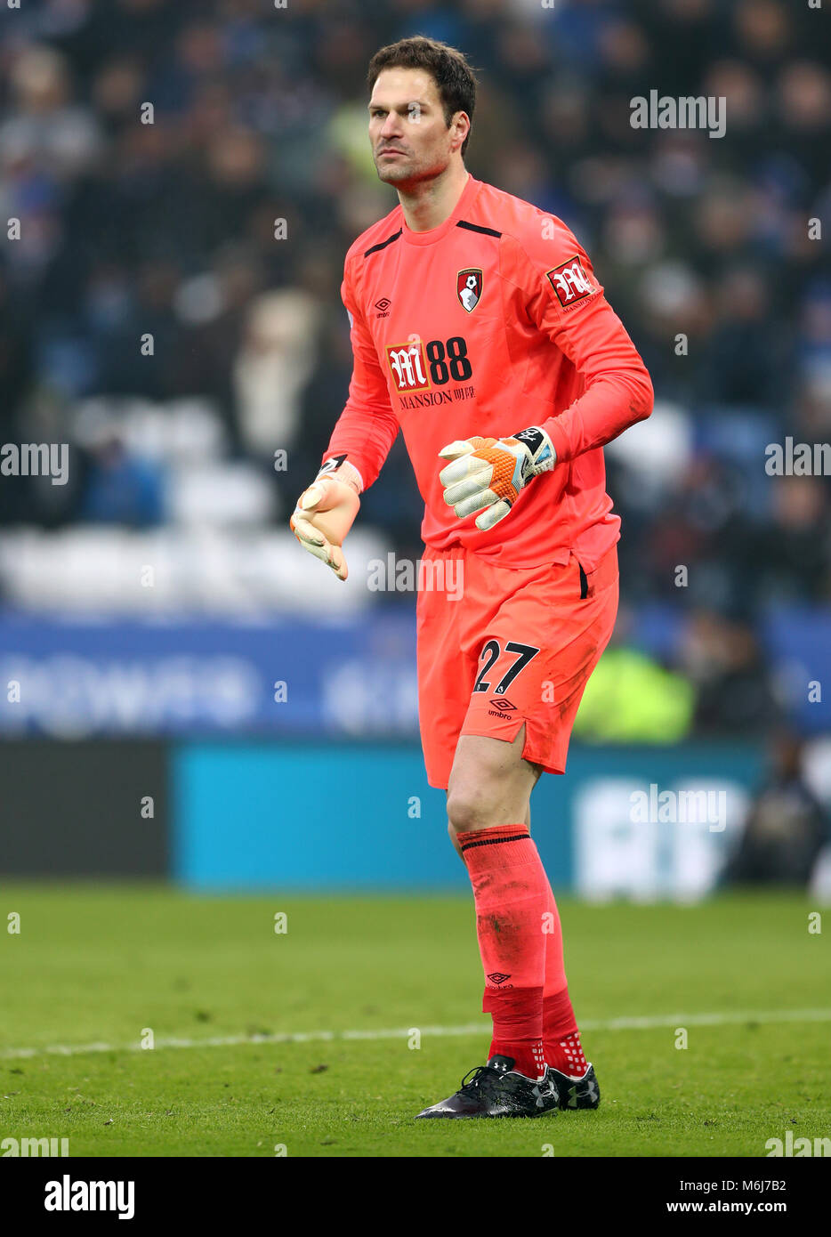 AFC Bournemouth goalkeeper Asmir Begovic during the Premier League match at the King Power Stadium, Leicester. PRESS ASSOCIATION Photo. Picture date: Saturday March 3, 2018. See PA story SOCCER Leicester. Photo credit should read: Tim Goode/PA Wire. RESTRICTIONS: No use with unauthorised audio, video, data, fixture lists, club/league logos or 'live' services. Online in-match use limited to 75 images, no video emulation. No use in betting, games or single club/league/player publications. Stock Photo