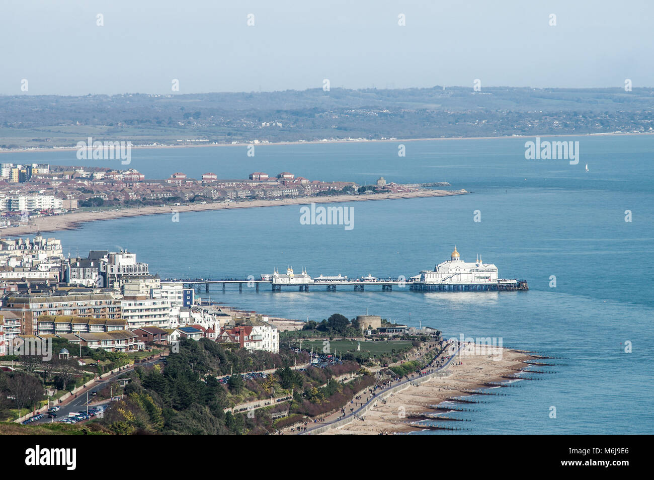 View of Eastbourne pleasure Pier from Beachy Head - East Sussex Stock Photo