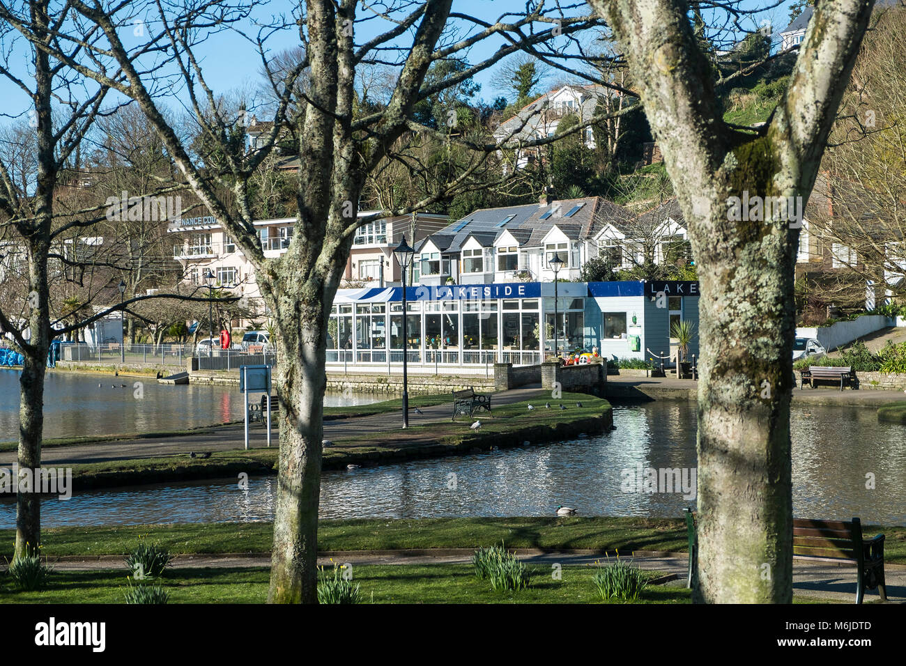 The Lakeside Restaurant at Trenance Boating Lake in Newquay Cornwall. Stock Photo