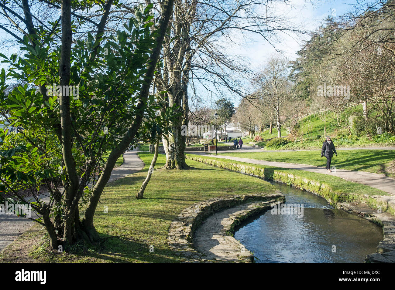 A stream flowing through Trenance Garden in Newquay Cornwall. Stock Photo