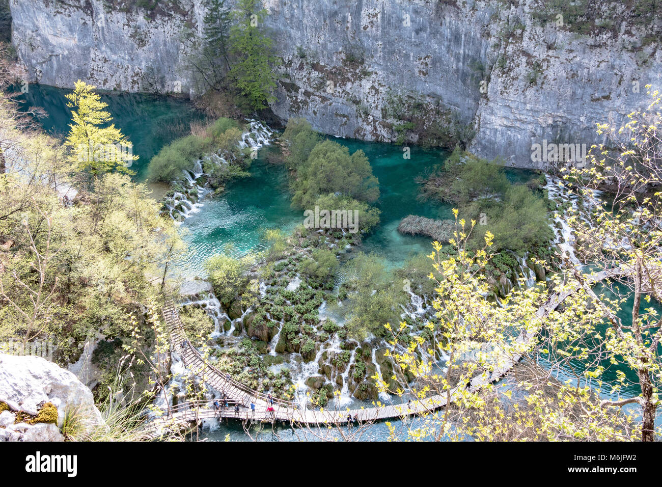 Looking onto waterfalls in the Plitvice Lakes National Park Stock Photo