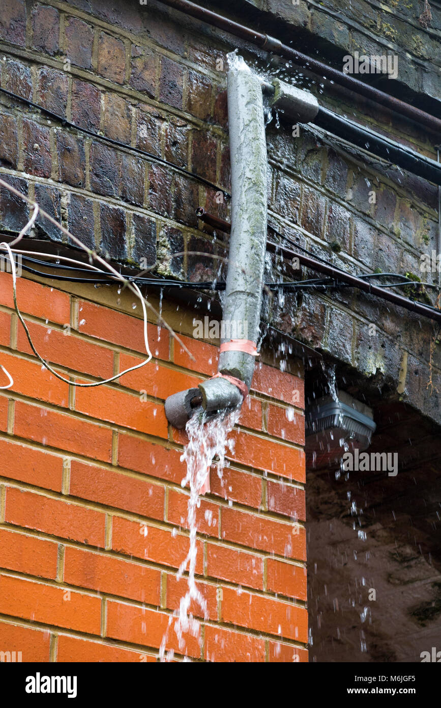 A leaking water pipe which has sprung a leak in the thaw after being