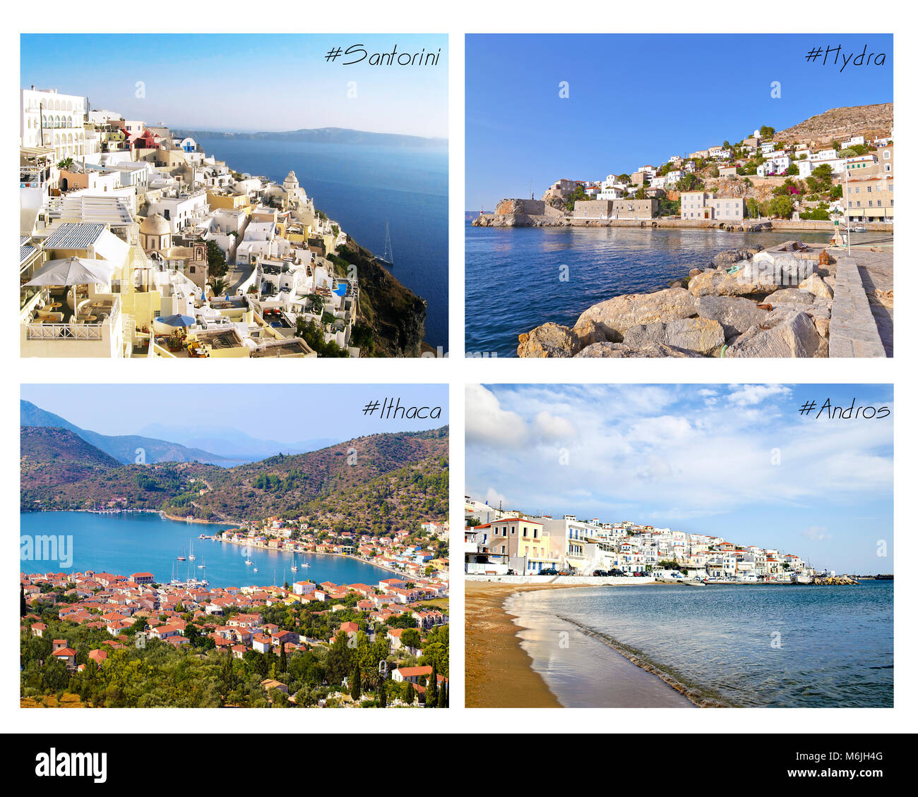 photo collage with greek islands - Ithaca, Santorini, Hydra, Andros Stock Photo