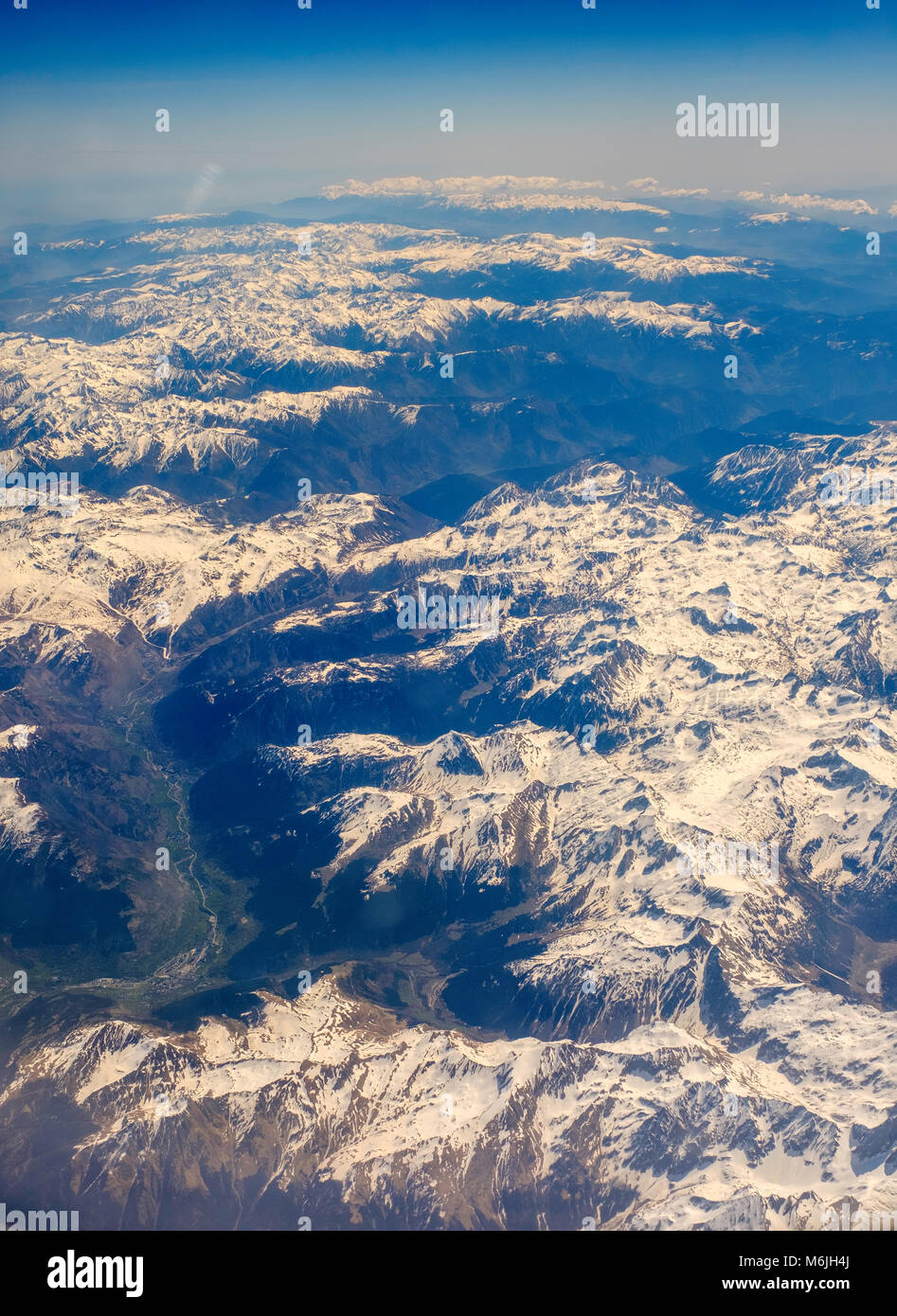 PYRENEES MOUNTAINS WITH SNOW FROM THE AIR. Stock Photo