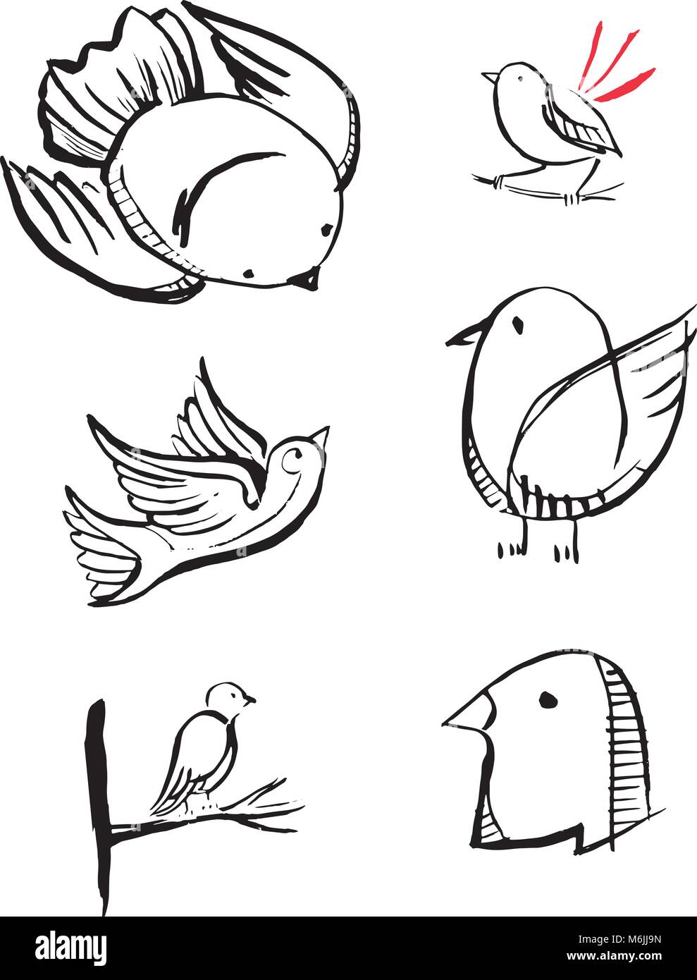 Hand drawn vector ink illustration or drawing of some cartoon birds