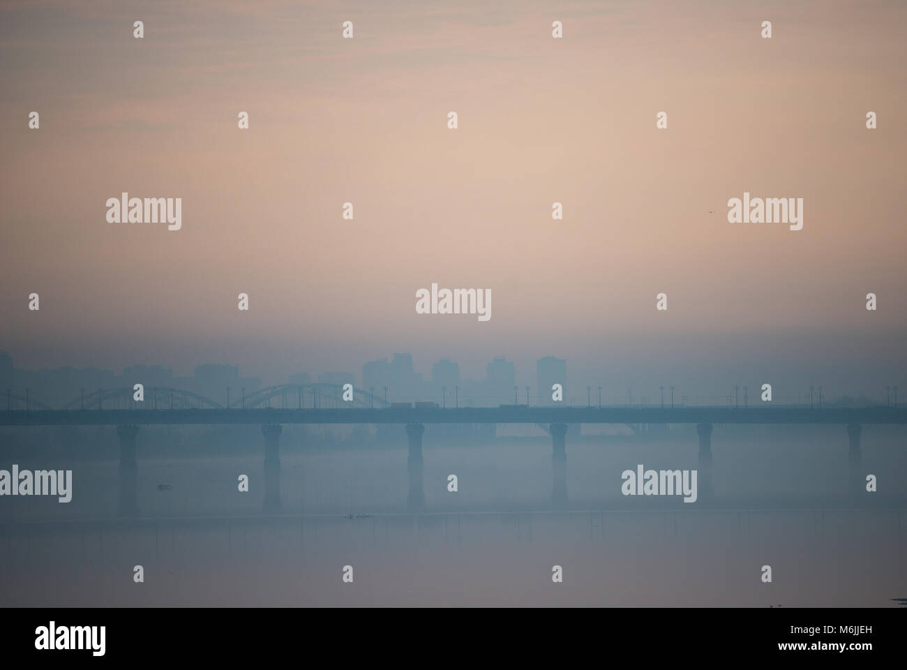 Foggy morning view from the Metro Bridge, Kyiv, Ukraine Stock Photo