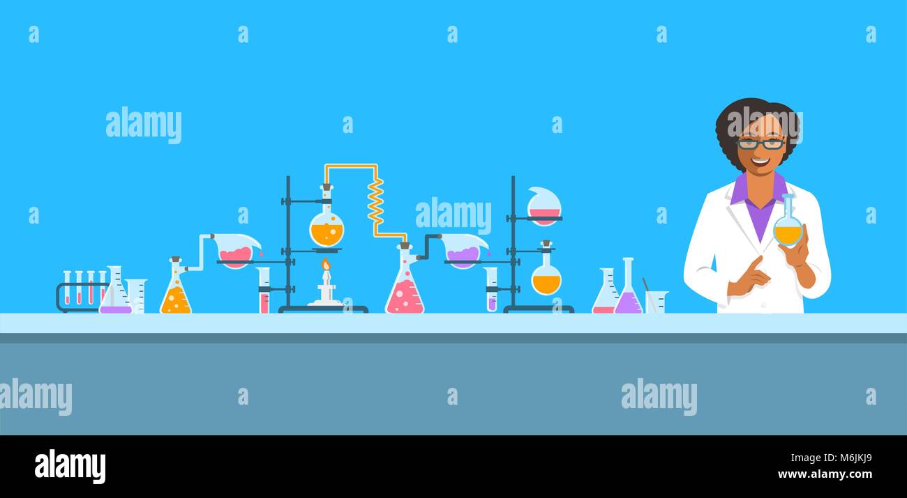 Chemist in chemical laboratory. Flat vector background. Cartoon