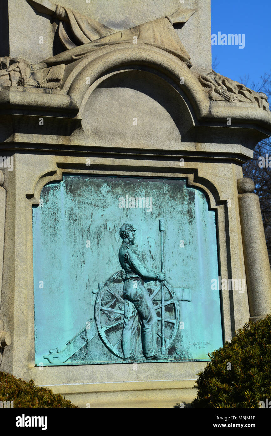 A obelisk memorial plaque to Civil War Union artillerymen in the military section of the Rosehill Cemetery in Chicago. Stock Photo