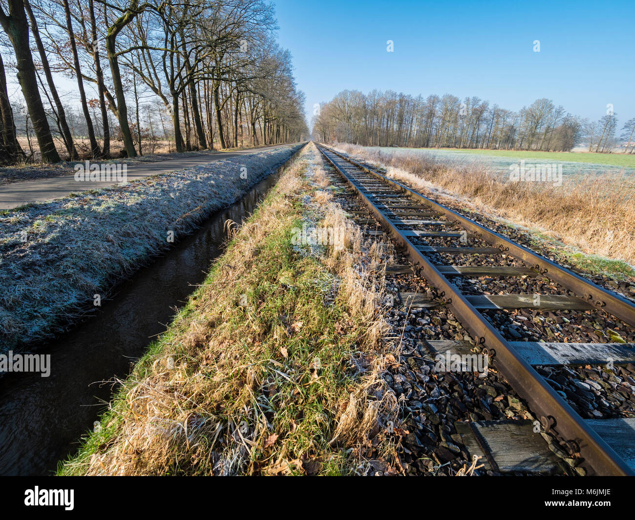 Railroad tracks of the OHE, Osthannoversche Eisenbahnen, winter day