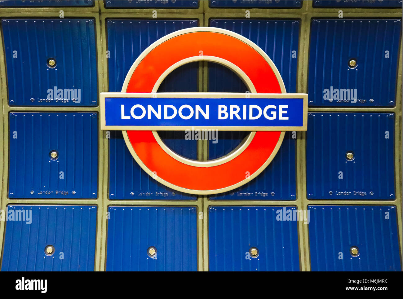 London Bridge sign against blue in the London Tube London UK  1-10-2018 Stock Photo