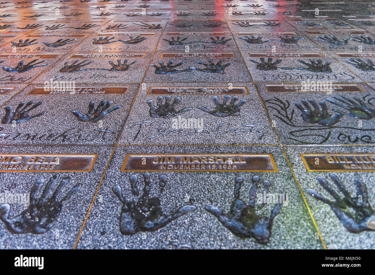 The Hollywood Rockwalk on the patio of the Guitar Center with handprints of numerous rock musicians and guitar greats, Hollywood. Stock Photo