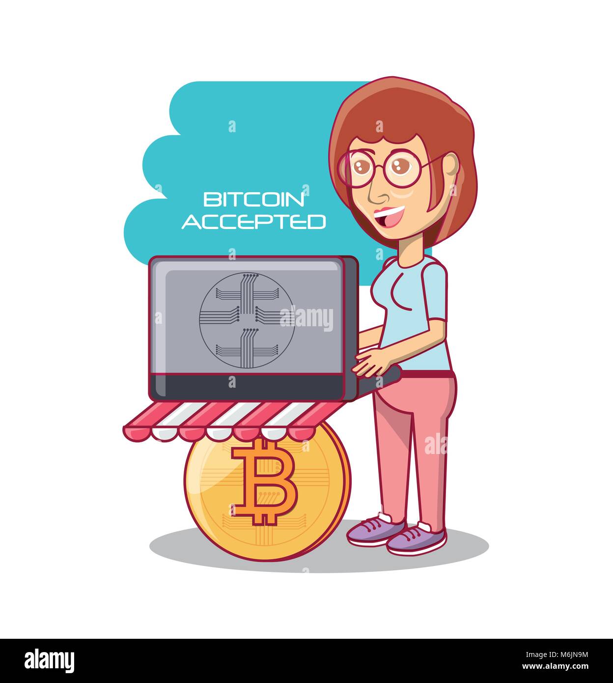 Bitcoin accepted design with cartoon woman with laptop computer on a ...
