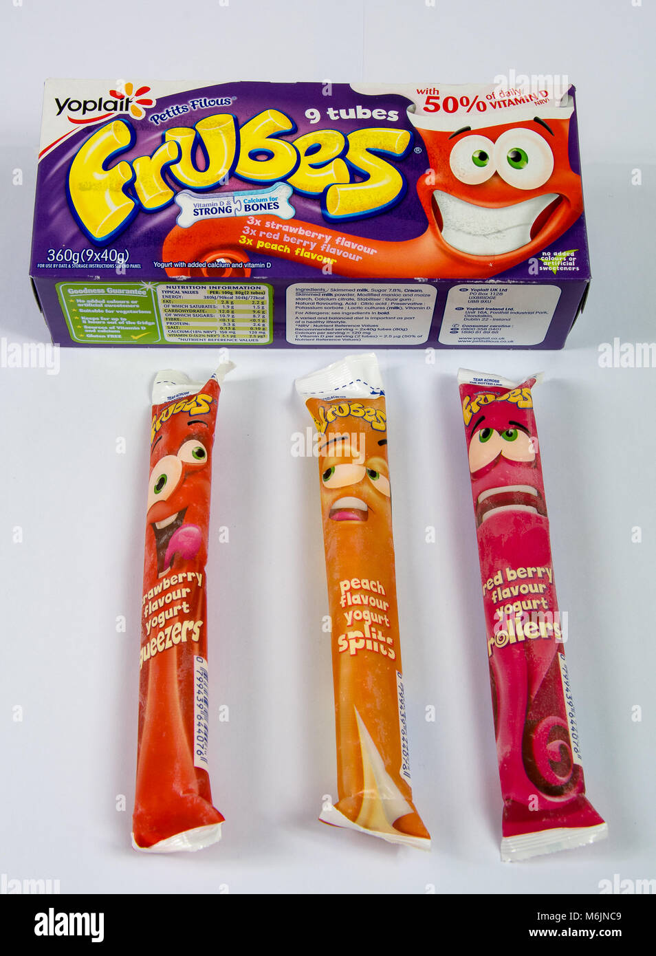 CHESTER, UK - MARCH 4TH 2018: Box and tubes of Yoplait Frubes Petits Filous yoghurt Stock Photo