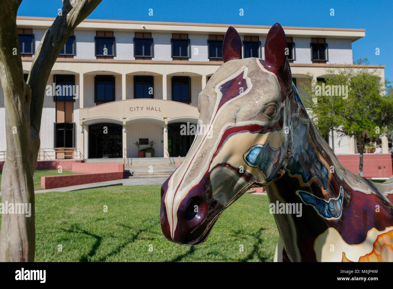 A beautiful painted horse sculpture, part of Horse Fever, a public art project of painted horses by the Marion Cultural Alliance in Ocala, Florida. Th Stock Photo