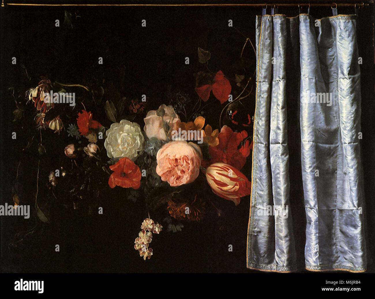 Flower Still Life with Curtain, van der Spelt, Adrian, 1658. Stock Photo