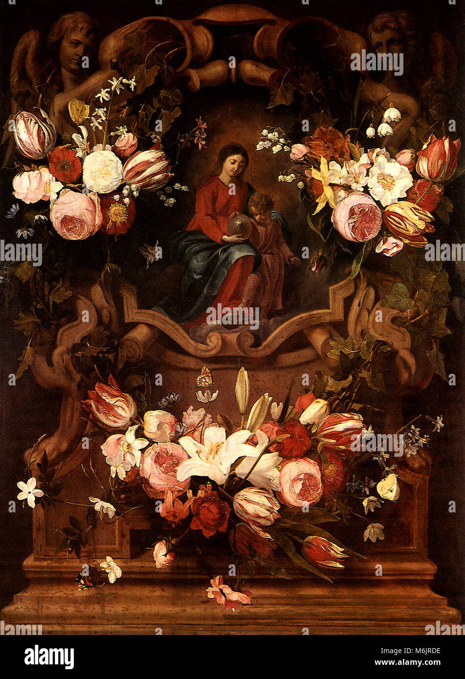 Floral Wreath with Madonna and Child, Seghers, Daniel, 1650. Stock Photo