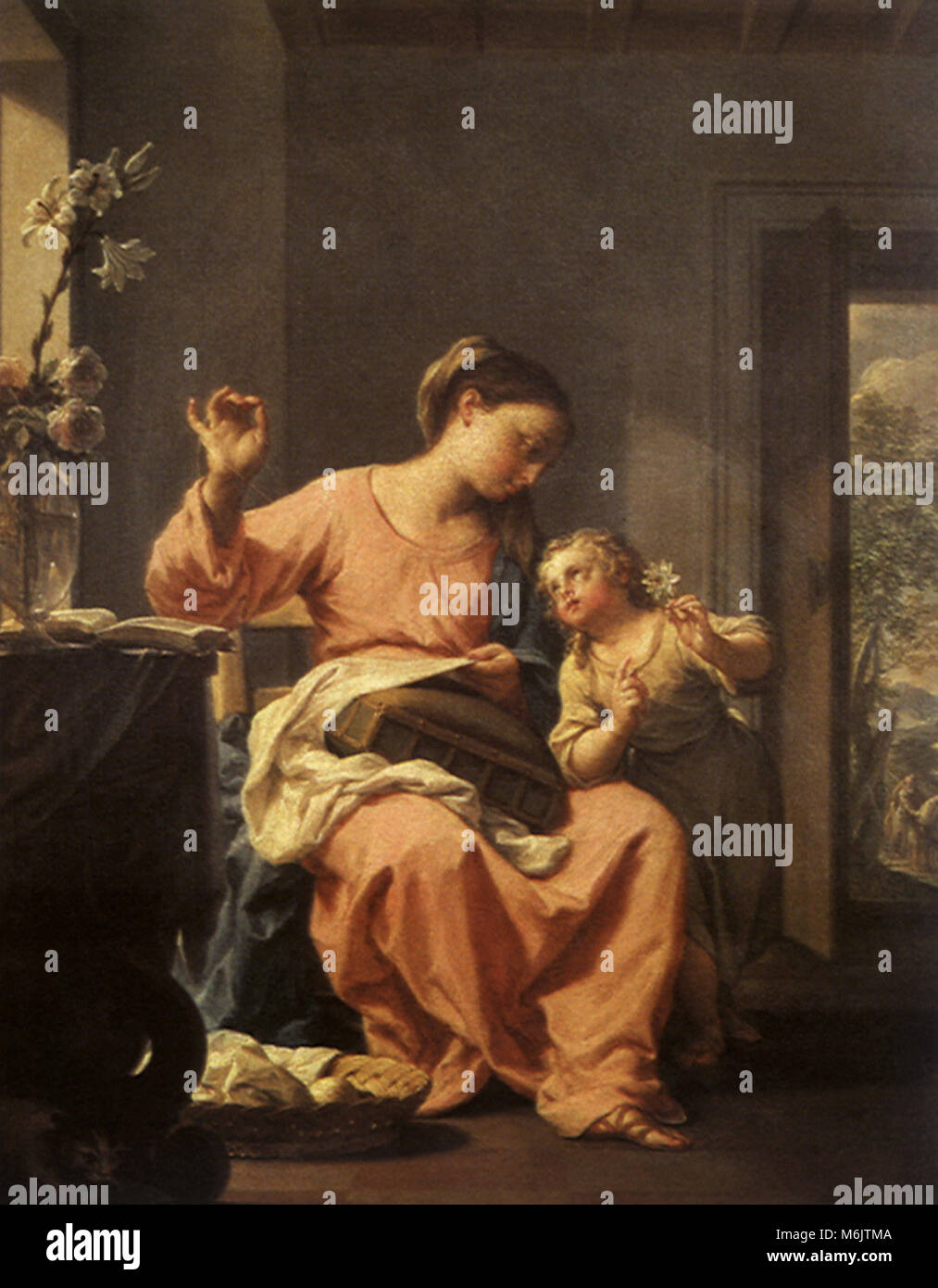 Madonna Sewing with Child, Trevisani, Francesco, or Il Ro, 1695. Stock Photo