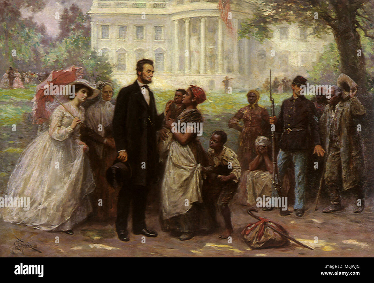 Lincoln and the Contrabands, Ferris, Jean Leon Gerome, 1863. Stock Photo