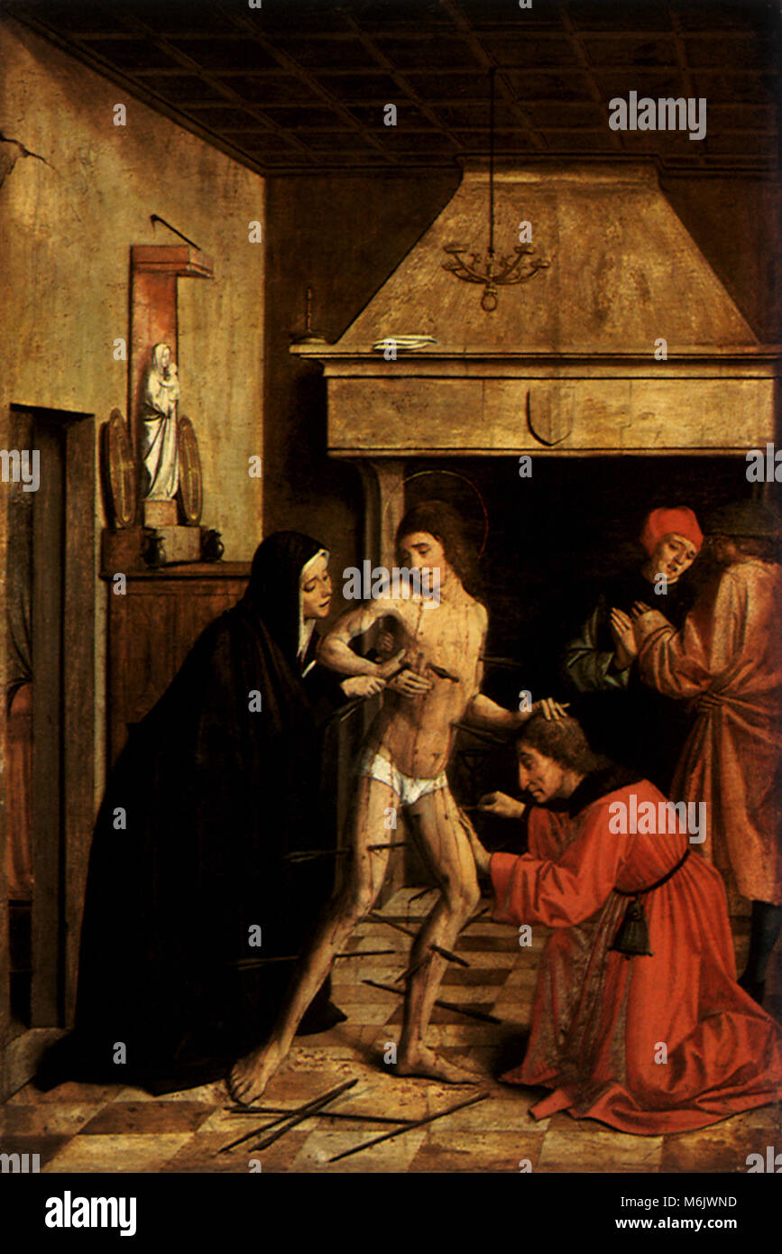 Saint Irene Nurses Saint Sebastian, Lieferinxe, Josse, 1498 Stock Photo