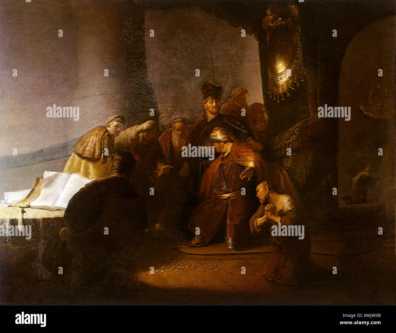 Judas Returns the Thirty Pieces of Silver, Rembrandt, Harmensz van Rijn, 1629. Stock Photo