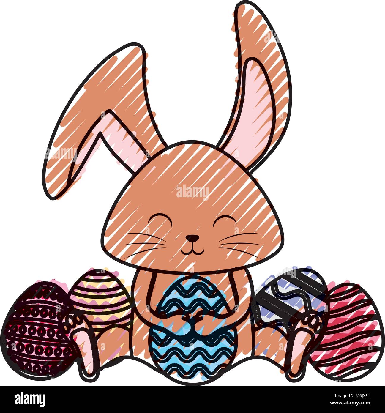 colored rabbit hugging egg with easter eggs doodle vector illustratiion ...