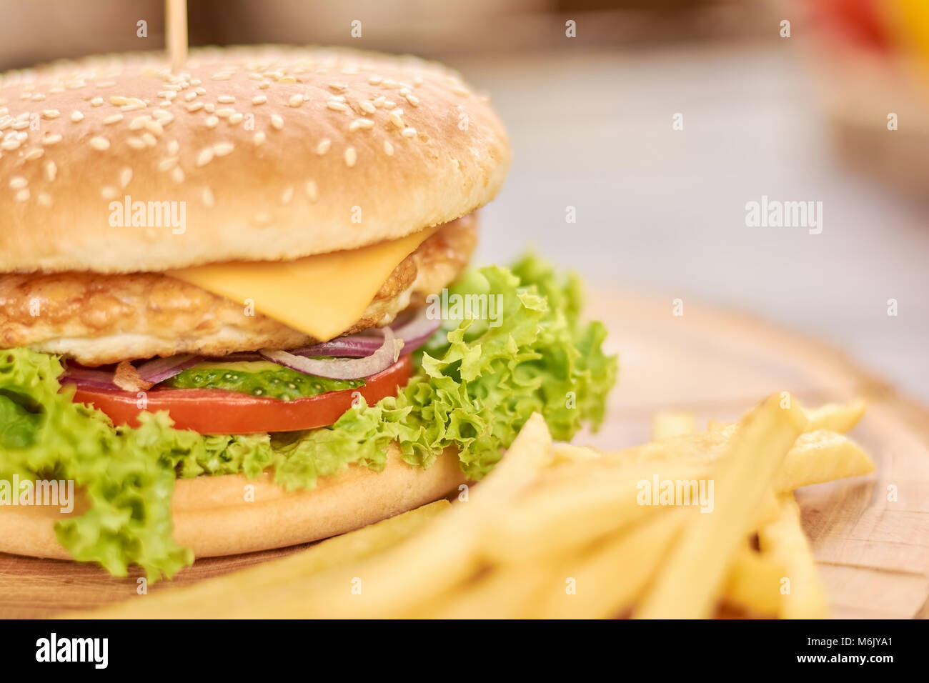 Burger made from fresh vegetables and chicken. Stock Photo
