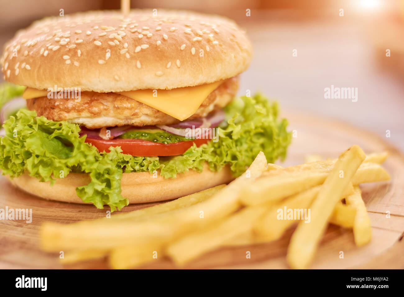 Close up of hamburger and french fries. Stock Photo