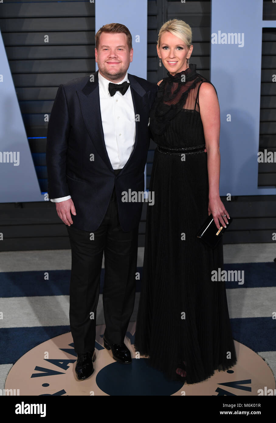 James Cordon and Julia Carey attending the Vanity Fair Oscar Party held in Beverly Hills, Los Angeles, USA. PRESS ASSOCIATION Photo. Picture date: Sunday March 4, 2018. See PA Story SHOWBIZ Oscars. Photo credit should read: PA Wire Stock Photo