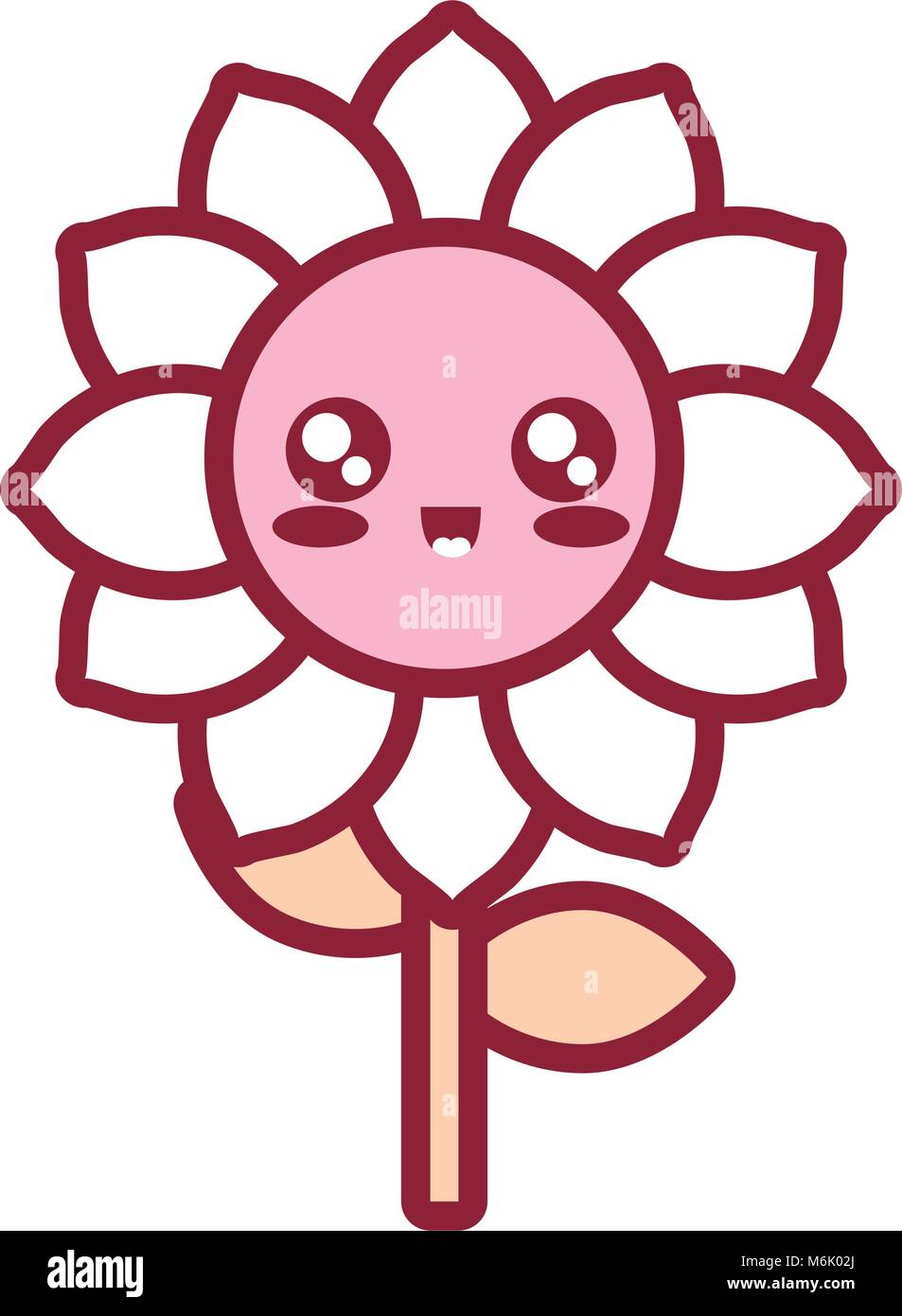 flat line colored kawaii sunflower with stem and leaves over white background vector illustration Stock Vector