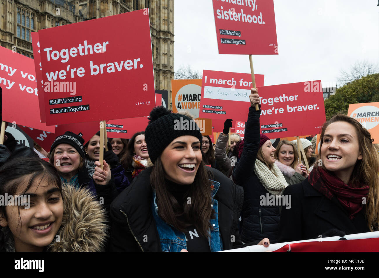 London, UK. 4th March, 2018. Thousands of people including politicians, celebrities and activists gather at Old Palace Yard outside the Houses of Parliament in London to take part in March4Women, an annual event to celebrate International Women's Day and 100 years since women in the UK first gained the right to vote. The event, organised by CARE International, aims to highlight inequality faced by women and girls around the world and campaign for gender equality and women's rights worldwide. Credit: Wiktor Szymanowicz/Alamy Live News Stock Photo
