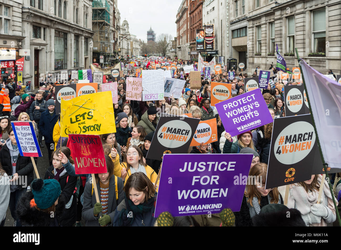 London, UK. 4th March, 2018. Thousands of people including politicians, celebrities and activists marched from the Houses of Parliament to a rally in Trafalgar Square in London during annual March4Women to mark International Women's Day and 100 years since women in the UK first gained the right to vote. The event, organised by CARE International, aims to highlight inequality faced by women and girls around the world and campaign for gender equality and women's rights worldwide. Credit: Wiktor Szymanowicz/Alamy Live News Stock Photo