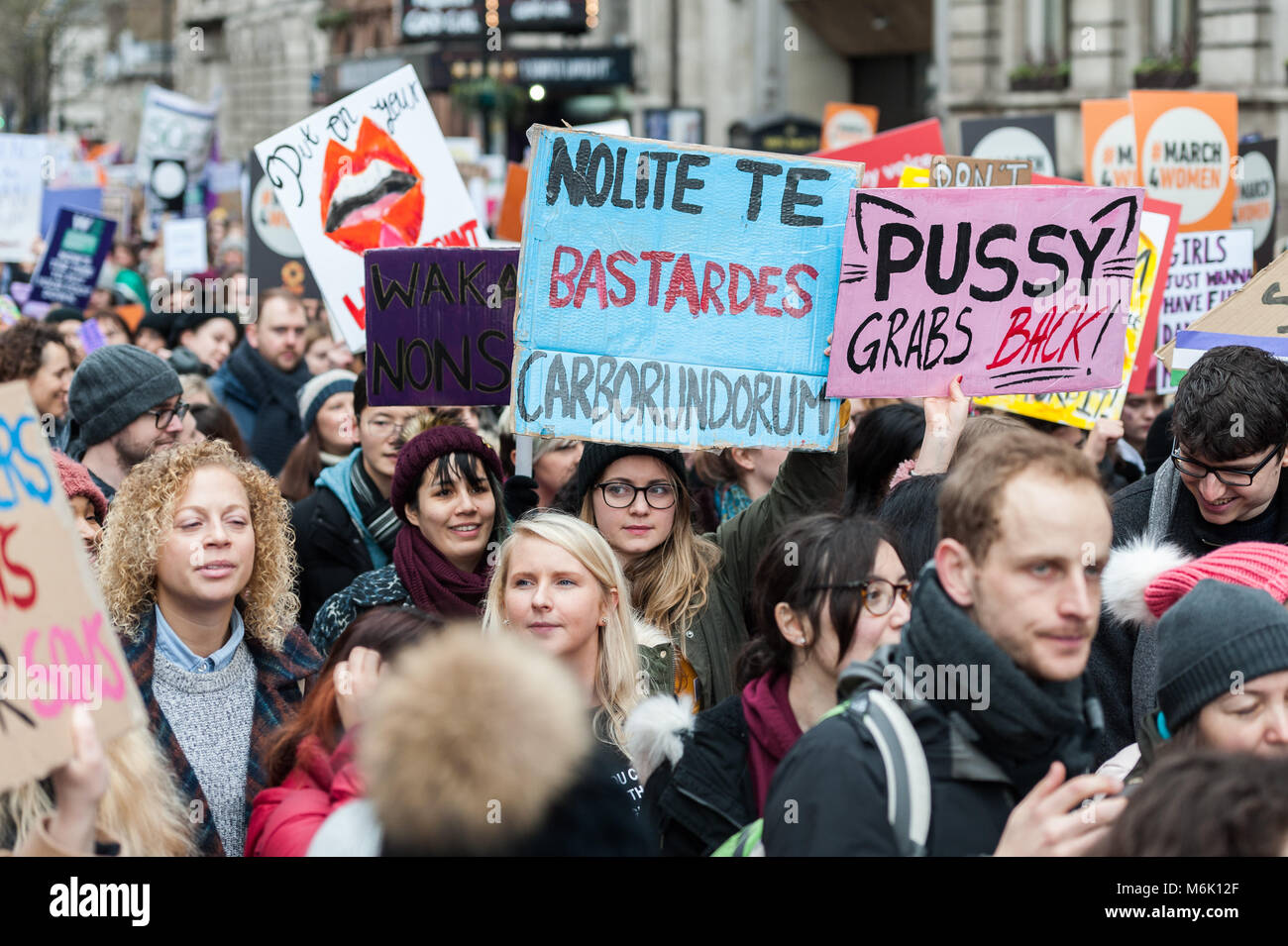 London, UK. 4th March, 2018. Thousands of people including politicians, celebrities and activists marched from the Houses of Parliament to a rally in Trafalgar Square in London during annual March4Women to mark International Women's Day and 100 years since women in the UK first gained the right to vote. The event, organised by CARE International, aims to highlight inequality faced by women and girls around the world and campaign for gender equality and women's rights worldwide. Credit: Wiktor Szymanowicz/Alamy Live News Stock Photo