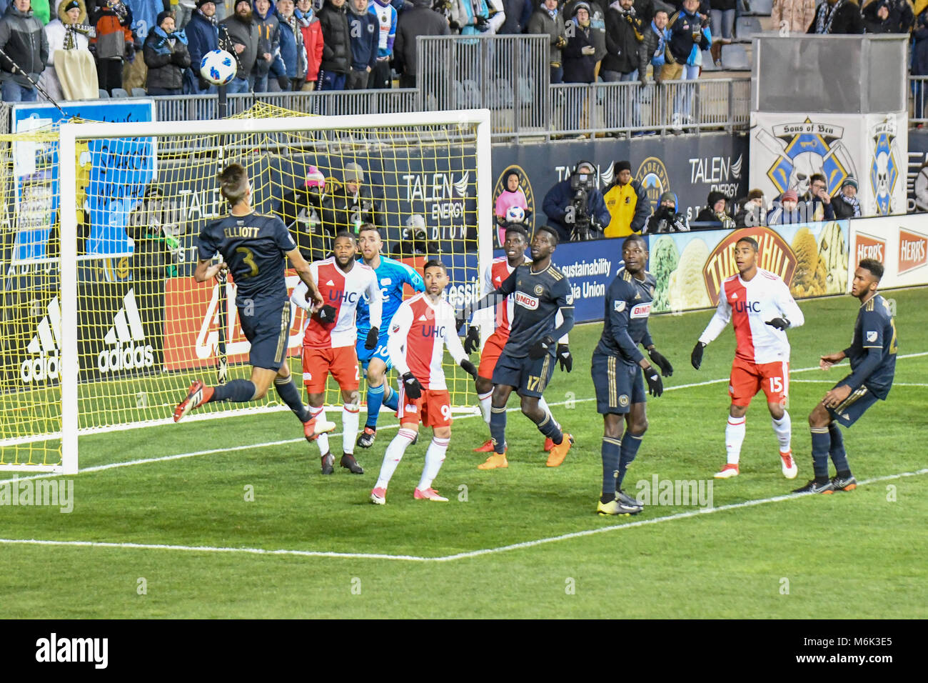 Soccer - football players jumping and leaping to head the ball during a Professional football - soccer match at Talen Energy Stadium, Chester, PA, USA. 3rd Mar, 2018. The MLS Philadelphia Union defeat the New England Revolution 2-0 in their season home opener Credit: Don Mennig/Alamy Live News Stock Photo