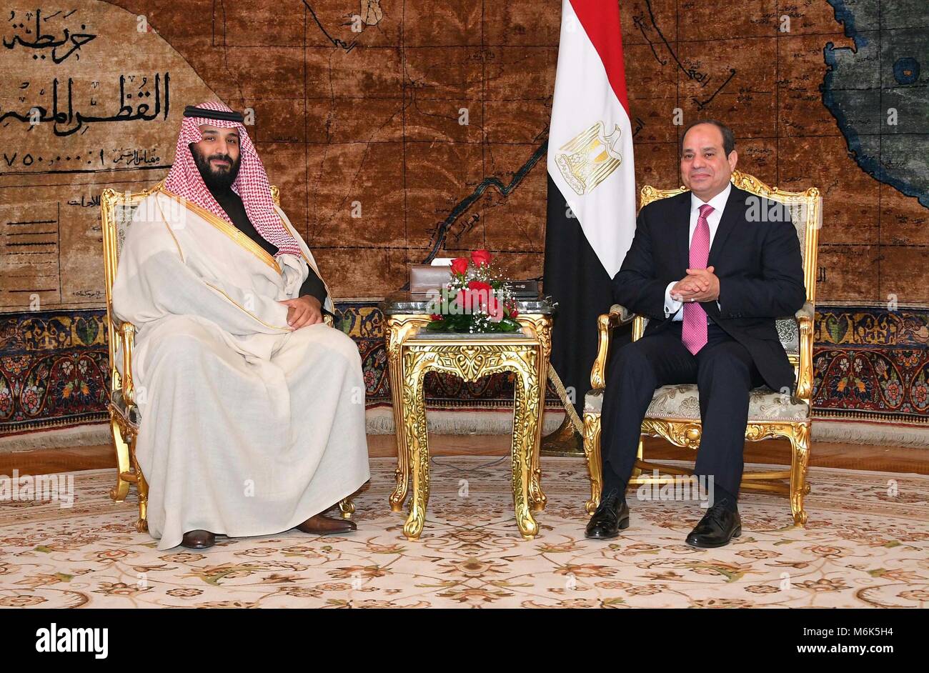 Cairo, Egypt. 4th Mar, 2018. Egyptian President Abdel-Fattah al-Sisi (R) meets with visiting Saudi Crown Prince Mohammed bin Salman in Cairo, capital of Egypt, on March 4, 2018. Egyptian President Abdel-Fattah al-Sisi reached a deal on Sunday with visiting Saudi Crown Prince Mohammed bin Salman on joint efforts to face divisive regional interventions. Credit: MENA/Xinhua/Alamy Live News Stock Photo