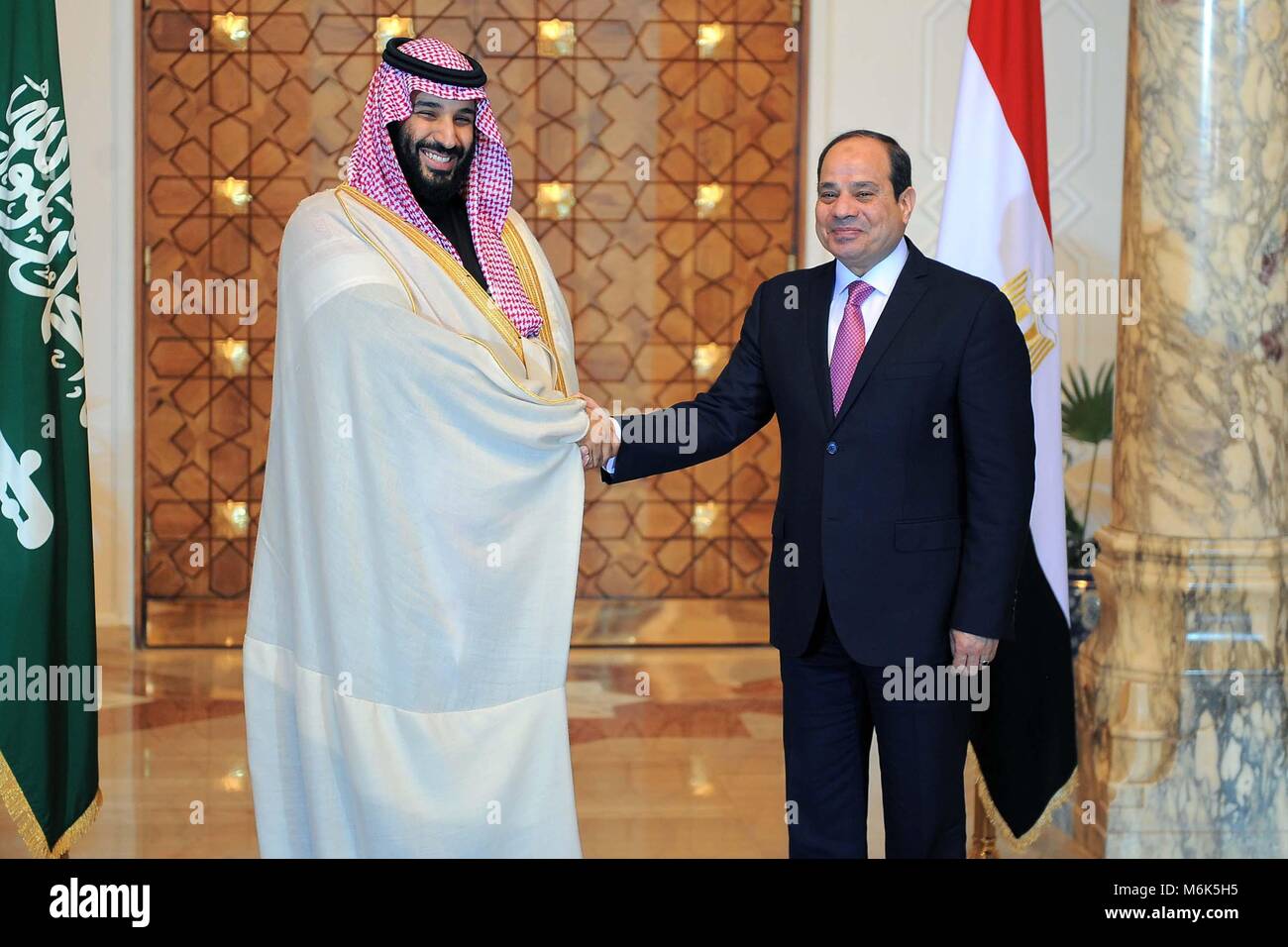 Cairo, Egypt. 4th Mar, 2018. Egyptian President Abdel-Fattah al-Sisi (R) meets with visiting Saudi Crown Prince Mohammed bin Salman in Cairo, capital of Egypt, on March 4, 2018. Egyptian President Abdel-Fattah al-Sisi reached a deal on Sunday with visiting Saudi Crown Prince Mohammed bin Salman on joint efforts to face divisive regional interventions. Credit: MENA/Xinhua/Alamy Live News Stock Photo