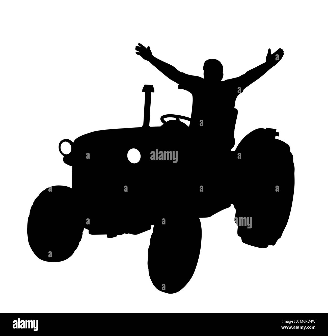 Happy farmer on tractor with raised hands Stock Photo